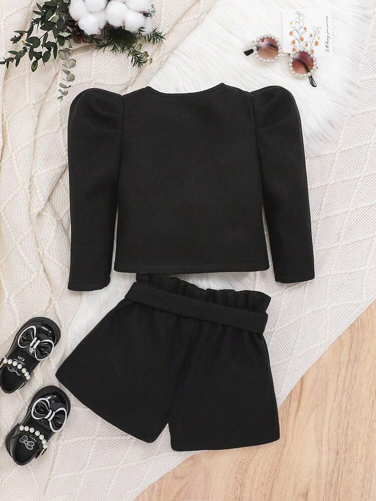 Baby Girl Puff Sleeve Zip Up Jacket & Paperbag Waist Belted Shorts