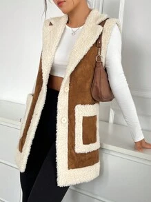 SHEIN EZwear Áo khoác vest lót gấu Teddy hai túi cho mùa thu/đông - màu nâu - Xem 3