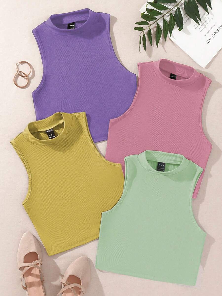 SHEIN Unity 4入組素色小高領背心上衣 - 彩色 - 查看 1