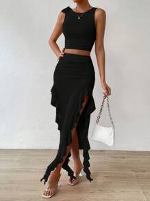 SHEIN Privé 素色背心上衣&荷葉邊不對稱下擺半身裙 - 黑色 - 查看 6