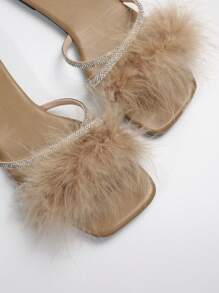 Dép xỏ ngón đính đá lông cho nữ, Dép xỏ ngón đế bằng mới, Giày mùa hè - Màu be - Xem 4