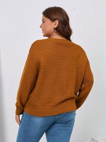 SHEIN LUNE Plus Keyhole Neck Drop Shoulder Sweater - Orange - View 2