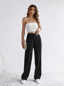 SHEIN Tall Chất rắn Chi tiết nếp Quần tây - Màu xám đen - Xem 6