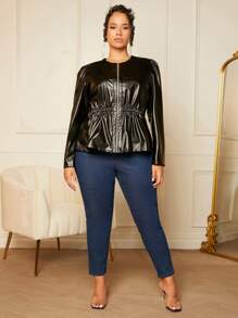 SHEIN SXY Hơn Dây kéo chất liệu da PU Áo khoác - màu đen - Xem 4