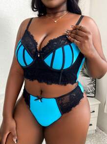 Plus Contrast Lace Underwire Lingerie Set, Bra & Panty Set - Multicolor - View 5