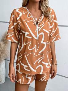 SHEIN LUNE Allover Print Drop Shoulder Blouse & Shorts - Khaki - View 3