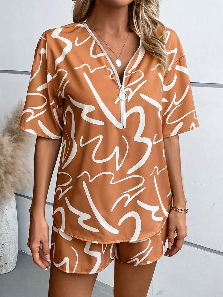 SHEIN LUNE הדפס על הכל כתף חשופה חולצה ושורטס - חאקי - ראה 3