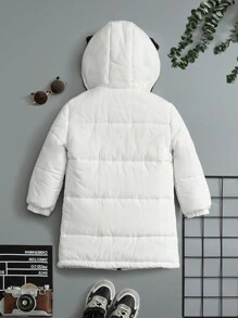 SHEIN 年轻男孩休闲宽松 3d 耳朵设计字母拼接连帽保暖棉服外套，冬季 - 白色 - 查看 2