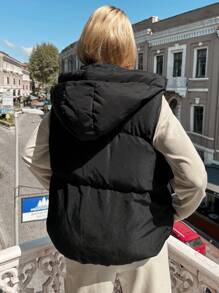 EURMUSE Women's Solid Color Minimalist Hooded Sleeveless Padded Coat, Casual Everyday Wear - Black - View 2