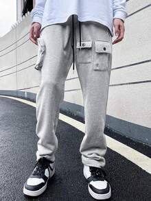 Manfinity EMRG Men Flap Pocket Drawstring Waist Sweatpants - Light Grey - View 7