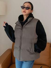 DAZY Zip Up Padded Vest Thick Pockets Coat, Women Winter Coat Jacket - Coffee Brown - View 7