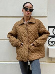 DAZY Drop Shoulder Quilted Pockets Coat ,Winter Women Clothes,Winter Coat Women Jacket - Brown - View 1