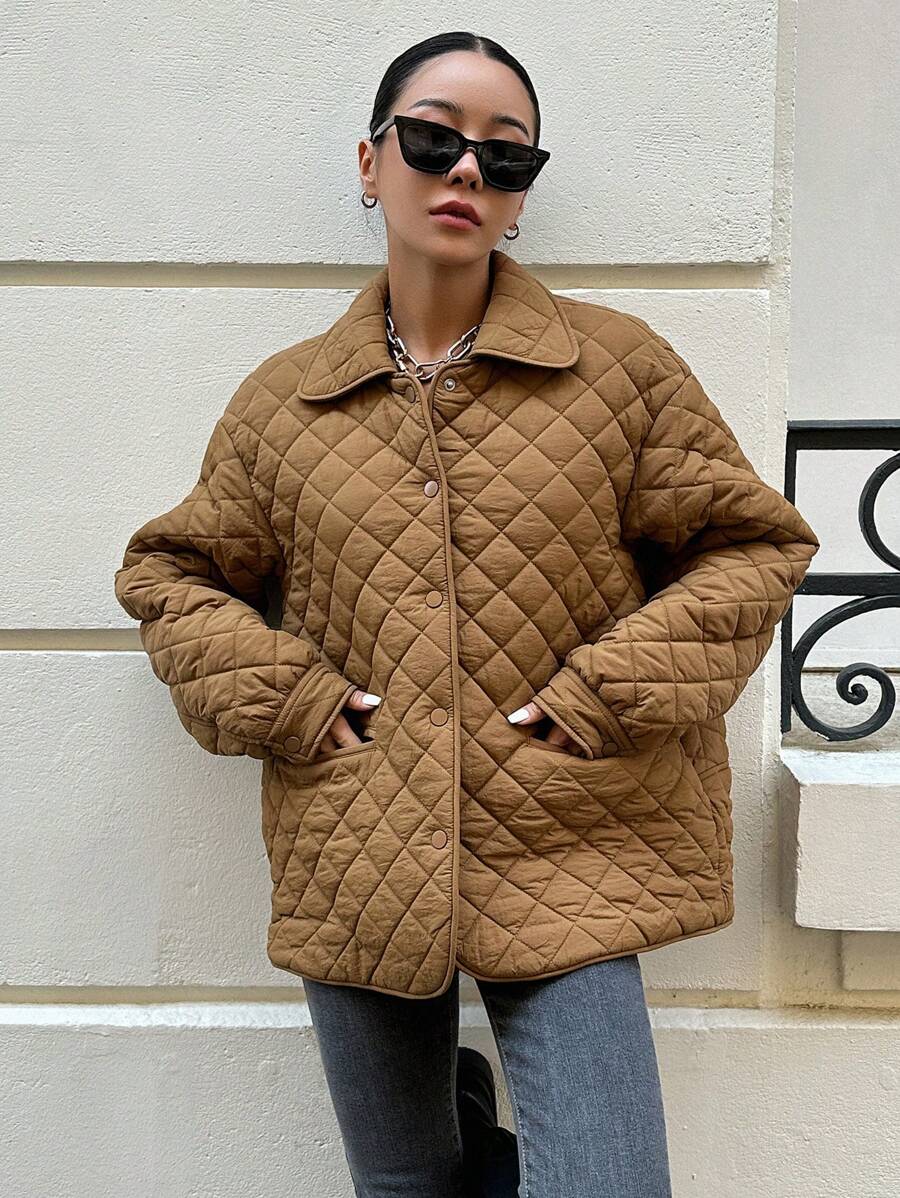 DAZY Drop Shoulder Quilted Pockets Coat ,Winter Women Clothes,Winter Coat Women Jacket - Brown - View 1