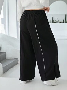 SHEIN Essnce 大碼拼接滾邊闊腿褲 - 黑色 - 查看 2