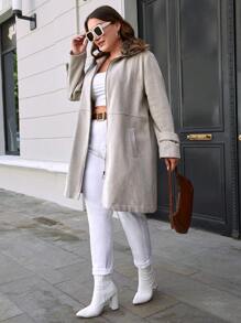 RueChic Plus Zip Up Slant Pocket Overcoat - Beige - View 3