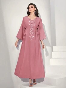 Al Najma Rhinestone Detail Flounce Sleeve Kaftan - Pink - View 1