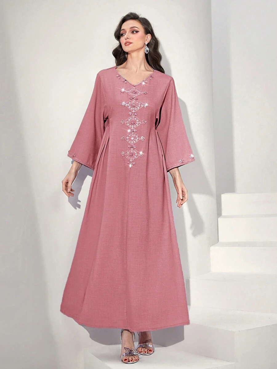 Al Najma Rhinestone Detail Flounce Sleeve Kaftan - Pink - View 1