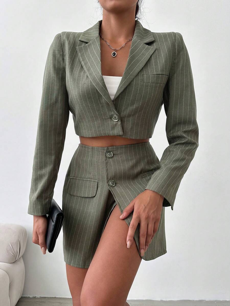 RueChic Striped Notched Collar Blazer Jacket And Skirt Set - Apricot - View 1