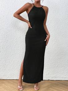 Chiquease Solid Split Thigh Cami Dress Maxi Women Outfit - Black - View 3