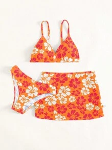SHEIN Swim Tween Girl Floral Print Bikini Set With Beach Skirt Summer Beach - Multicolor - View 3