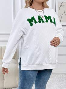 SHEIN 孕婦大碼字母圖案落肩袖下擺開叉運動衫 - 白色 - 查看 5