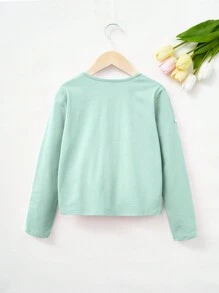 SHEIN Leap Crew Tween Girl Pearls Beaded Knot Hem Tee - Green - View 2