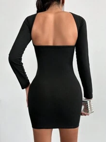 SHEIN Cottnline Solid Ribbed Knit Bodycon Dress - Black - View 2