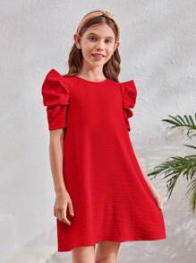 SHEIN Leap Crew Tween Girl Solid Puff Sleeve Tunic Dress - Red - View 4