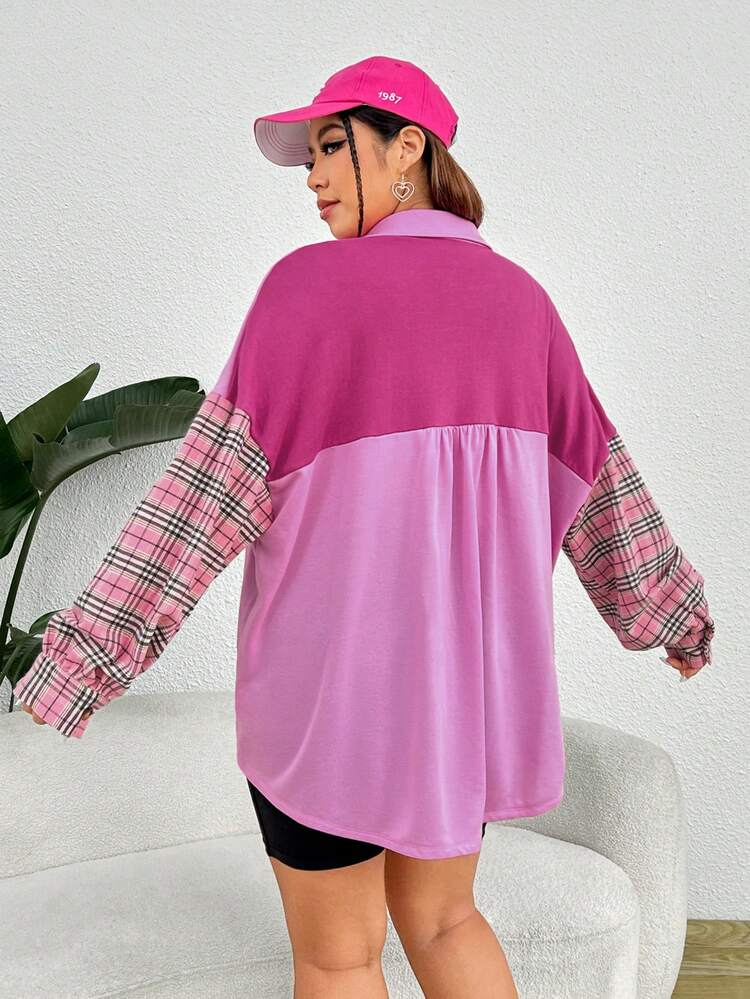 Plus Plaid Print Drop Shoulder Pocket Patched Button Front Coat
