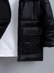 SHEIN Tween Boy 单件翻盖口袋拉链连帽夹棉大衣 - 黑色 - 查看 3