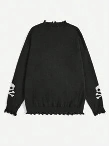 SHEIN EZwear Halloween Hình đầu lâu Thả vai Đau khổ Cắt tỉa Áo len - Đen và trắng - Xem 2
