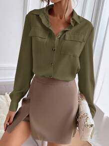 SHEIN Clasi Camisa con bolsillo con solapa con botón delantero - Verde militar - Ver 4