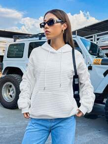 SHEIN LUNE Kangaroo Pocket Drop Shoulder Drawstring Hoodie - White - View 4
