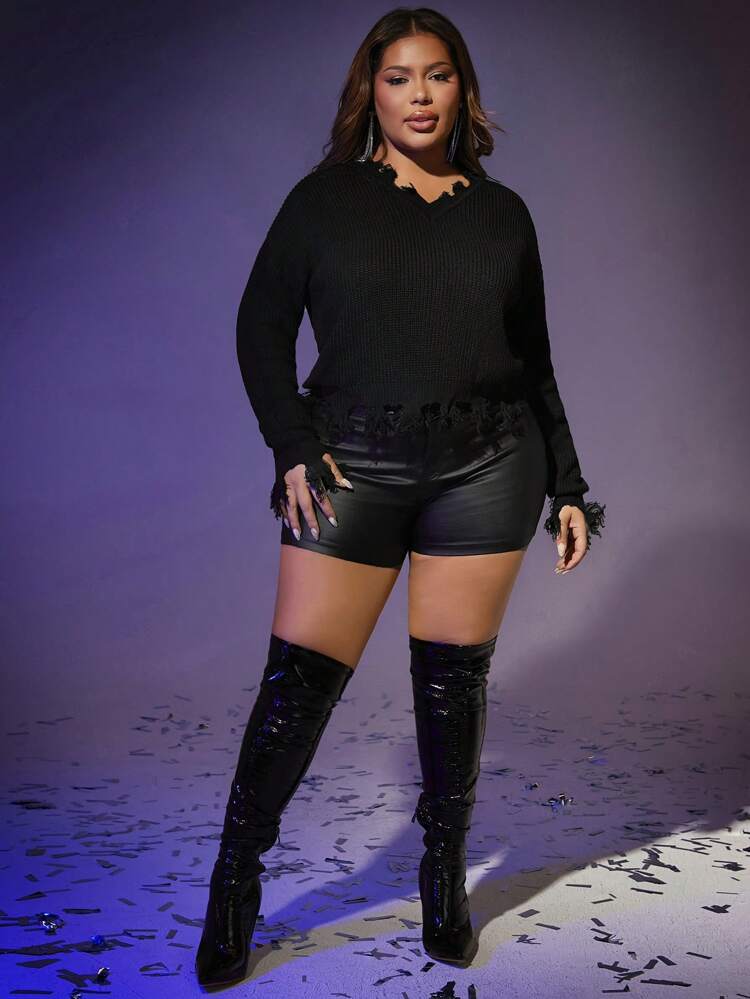 Plus Drop Shoulder Distressed Trim Sweater