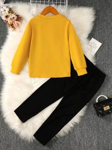 Young Girl Bow Front Tee & Heart Print Pants - Mustard Yellow - View 3