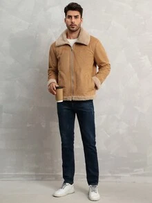 休閒拼接領 口袋 拉鍊撞色 純色男士外套 - 駝色 - 查看 3