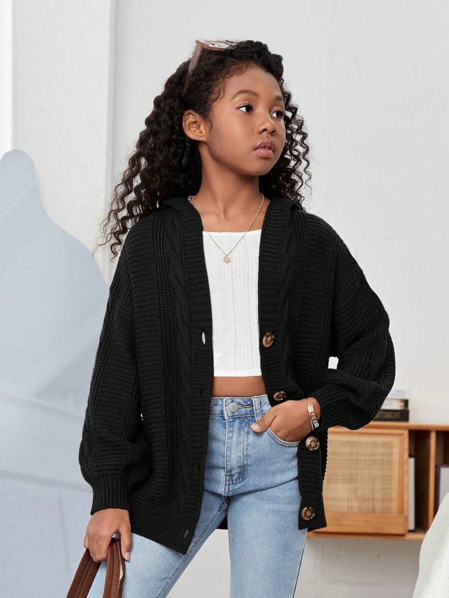 SHEIN Tween Girl Drop Shoulder Hooded Cardigan,In Fall/Winter - Black - View 1