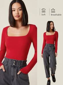 SHEIN BASICS Casual Solid Square Neck Form Fitted Tee