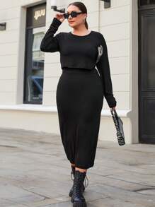 EURMUSE Plus Solid Crop Tee & Skirt - Black - View 3