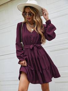 SHEIN LUNE Tay áo loe Xù Hoa Sen Váy có thắt lưng - Màu tím - Xem 1