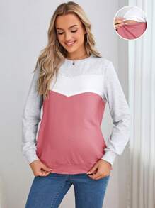 SHEIN Maternity Two Tone Nursing Detail Pullover - Pink - View 4