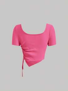 SHEIN MOD Bên dây rút Viền không đối xứng Áo thun - Màu Hồng Tươi - Xem 2