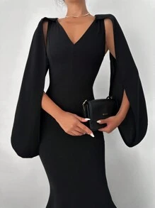 RueChic Cloak Sleeve Mermaid Hem Dress - Black - View 5