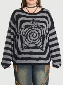 Plus Striped Pattern Drop Shoulder Sweater - Grey - View 3