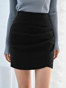 DAZY Solid Ruched Side Tulip Hem Skirt Fall Skirts - Black - View 5