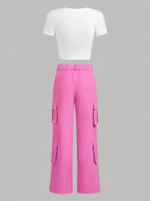 SHEIN للفتيات المراهقات جرافيك شخص تي شيرت & جيب قلاب بنطلون كارجو