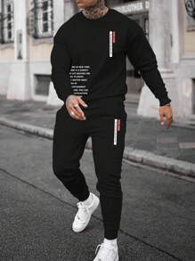 Manfinity Homme Men Plus Slogan Graphic Drop Shoulder Sweatshirt & Drawstring Waist Sweatpants - Black - View 1