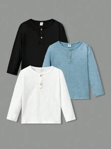 SHEIN Leap Crew Giải trí Dệt kim Chàng trai trẻ Thoải mái 1/4 Dây kéo Màu thuần Áo thun , 3pcs Đóng gói , Một Nút Áo sơ mi - Đen và trắng - Xem 1