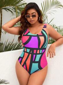 SHEIN Swim Curve 撞色大碼一件式泳衣 - 彩色 - 查看 1