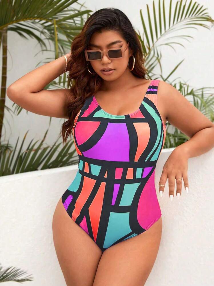 SHEIN Swim Curve 撞色大碼一件式泳衣 - 彩色 - 查看 1